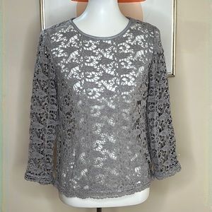 Joie Antonia lace blouse with vegan leather trim.